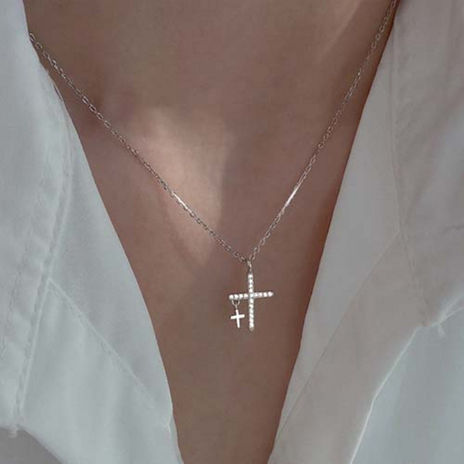 여성 심플 큐빅 더블 십자가 슬림 체인 목걸이 A1258