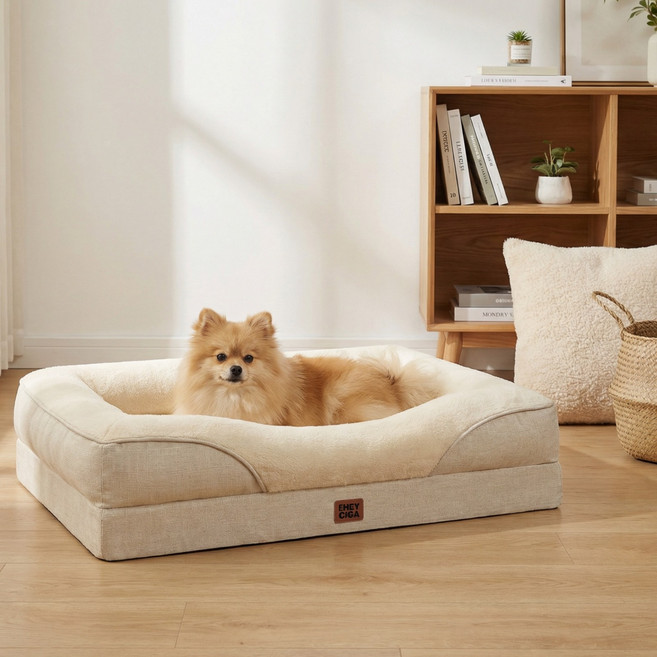 EHEYCIGA 메모리폼 함유 정형외과 사방테두리 반려견 강아지방석 사계절용 푹신한 편안한 반려견 소파, 1개, 베이지색