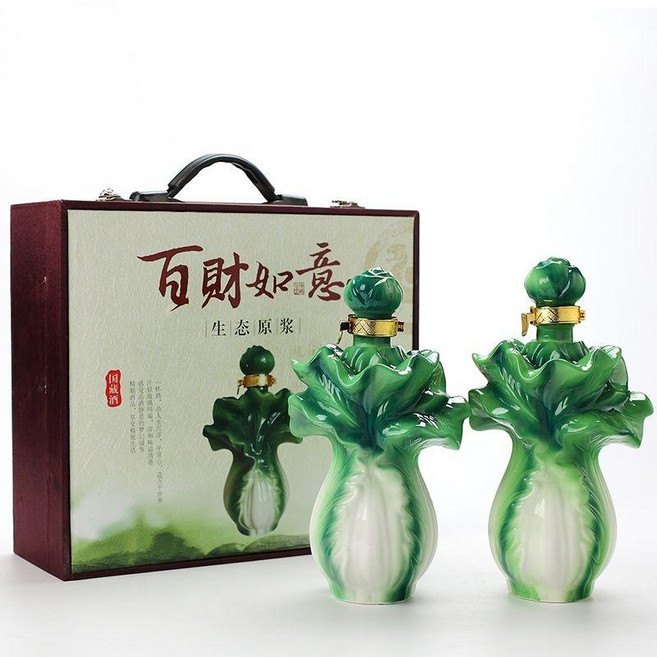 배추 유리 술병 선물용 양주 특이한 담금주 병 집들이선물, 단일사이즈, 소형2개+선물상자