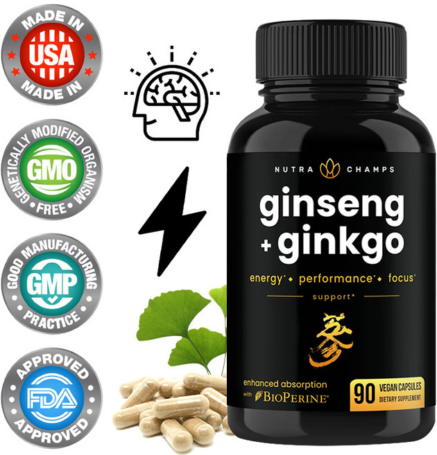 은행잎과 비타민 B12를 함유한 인삼 캡슐은 에너지 활동 능력 및 집중력을 향상시켜 줍니다., 1개, 90정