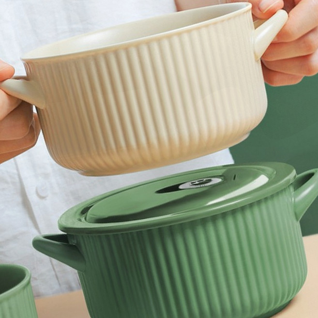 손잡이 도자기 라면그릇 깊은 용기 전자레인지 가능 세라믹, 비아준 그레타 라면기 (양수 베이지), 1개