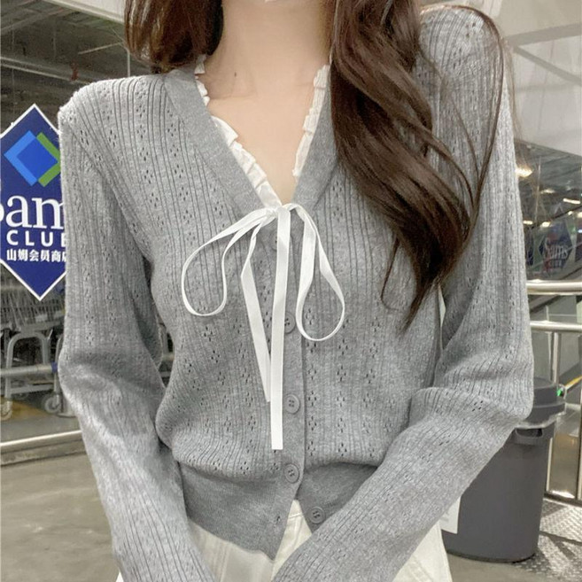 Skyciky 리본 레이스 V넥 긴팔 니트 가디건 가을 시즌 슬림핏 짧은 상의 MD04