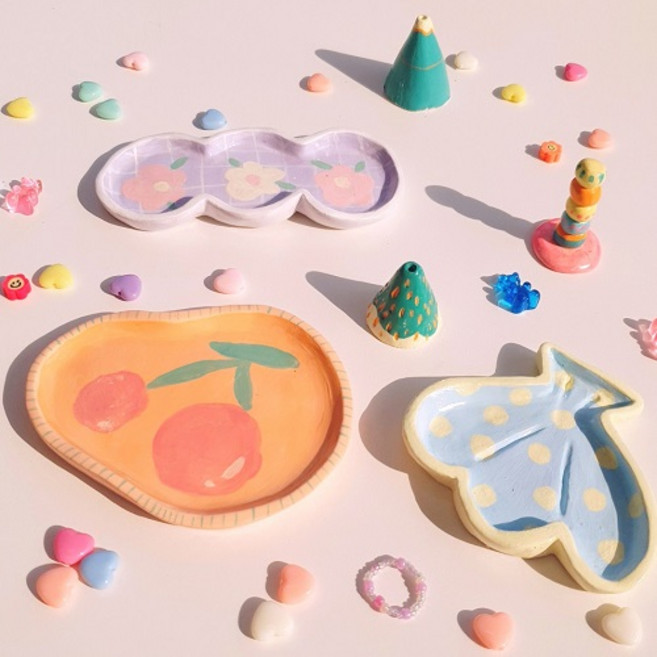 지점토 트레이 만들기 DIY 키트 점토 공예 지점토오브제 미아아트, 알록달록 키치