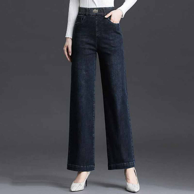 중년 여성 봄 청바지 빅사이즈 밴딩 데님 와이드 팬츠 중장년 엄마 하이웨스트 캐주얼 편안한 스타일 YLP