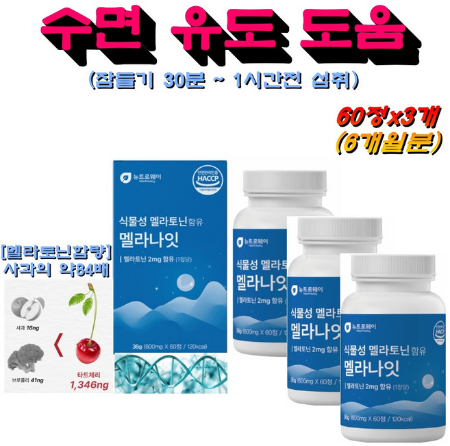 Newtroway 식물성멜라토닌함유멜라나잇 수면유도 몽모랑시타트체리추출물 허브3종 비타민B HACCP, 3개, 60정