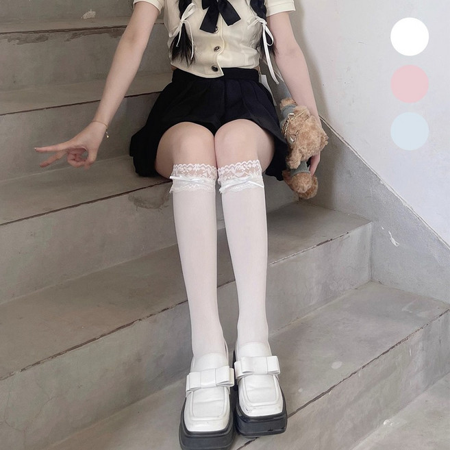 다이나토리 여성 사계절 레이스 리본 포인트 니삭스 3켤레