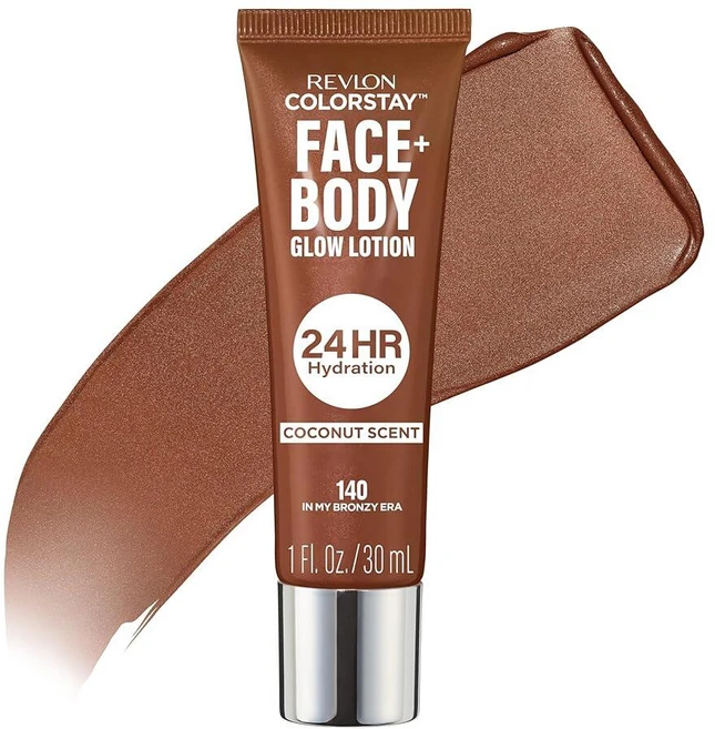 Revlon ColorStay 페이스 & 바디 글로우 로션 하이드레이팅 글로우 모이스처라이저 24시간 수분 공급 일루미네이팅 루미나이징 쉬머 140 In My Bronz, 140 In My Bronze Era, 1개, 0.9999383725953737 - 쿠팡