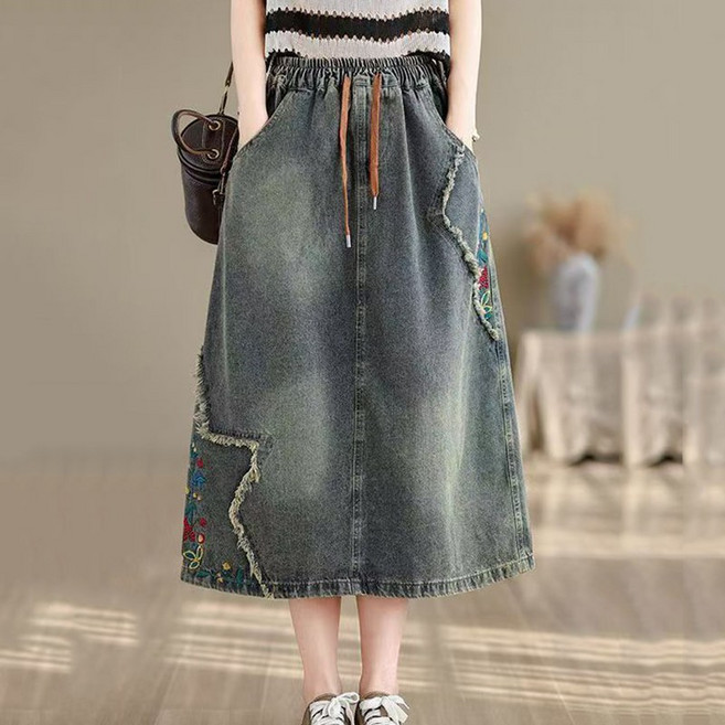 슬림소녀 여성 봄 여름 85kg까지 빅사이즈 허리 밴딩 자수 데님 스커트 루즈핏 롱스커트