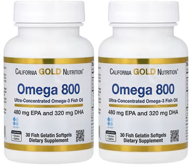 캘리포니아골드뉴트리션 Omega 800 제약 등급 피쉬 오일 80% EPA/DHA 트리글리세리드 형태 1 000mg 피쉬 젤라틴 소프트젤 30정, 2개