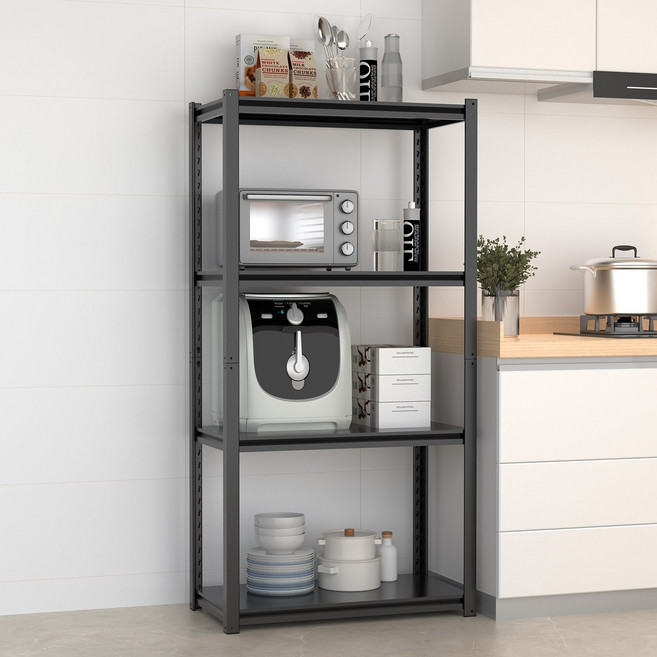 Polyidea 튼튼한 무볼트 간편조립 철제 선반 주방 창고 실외 베란다 펜트리 선반장 다용도 선반 랙, 4단, 블랙