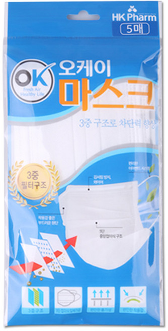 해호 마스크 오케이 일회용해호 마스크 (성인) 5매입 흰색, 1개