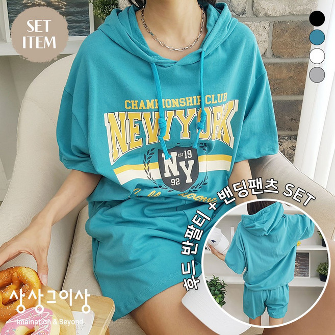 상상그이상 여성용 국내제작 챔피언세트 여름 루즈핏 레터링 반팔 반바지 츄리닝 세트 허리 밴딩 포켓 패치 바캉스룩 데일리룩 신축성 캐주얼 가벼운 편안한 착용감 피크닉 캐주얼