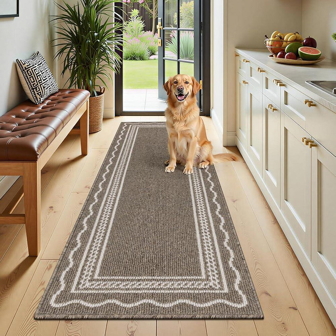 Ileading 실내 도어 매트 81.3cm x 121.9cm(32 x 48인치) 흡수성 강아지 진흙 발바닥 매트 로우 프로파일 입구 작은 러너 러그 미끄럼 방지 고무 뒷면, 브라운 웨이브 테두리