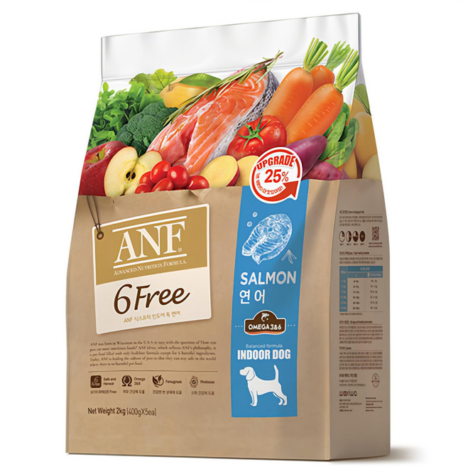 ANF 생후 4개월 이상 인도어 독 식스프리 건식사료, 연어, 2kg, 1개