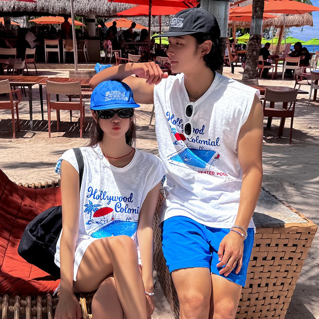 [비치팜]스위미 커플 나시 티 남여공용 커버업 프린팅 비치웨어