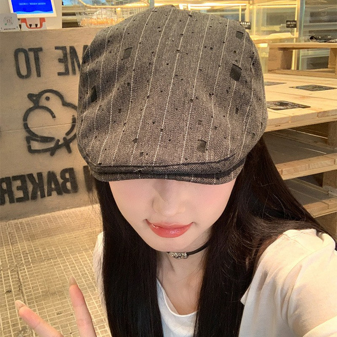 復古小衆時尚條紋前進帽女夏季薄款顯臉小貝雷帽百搭畫家報童帽子