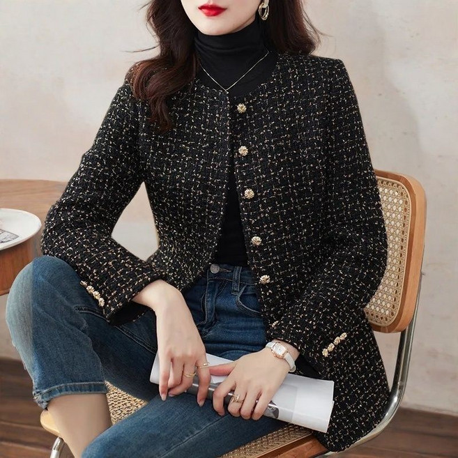 AOKADA 여성용 봄 라운드 넥 트위드 자켓 슬림핏 허리라인 긴팔 롱 아우터