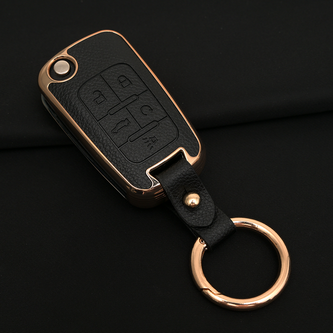 쉐보레 아베오 트랙스 라세티 크루즈 말리부 호환 TPU 프리미엄 가죽 자동차 스마트 키 케이스 키홀더, 5버튼TL23, 블랙골드