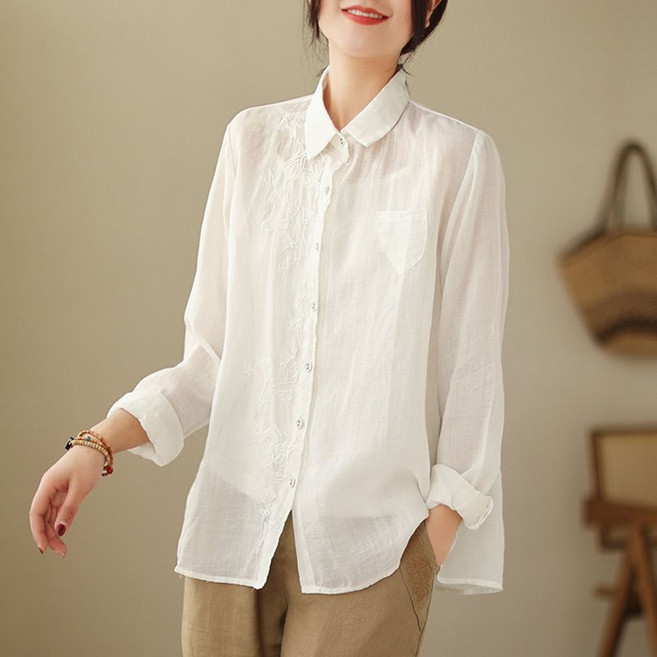 중년 여성 긴팔 셔츠 봄 가을 엄마 캐주얼 면 마 자수 남방 상의 여자 여름 루즈핏 얇은 셔츠 아우터 WMY