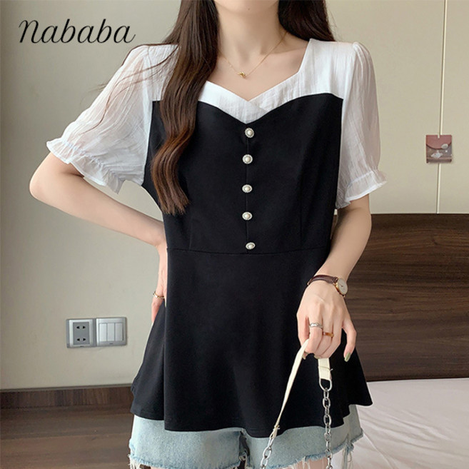 나바바 NB2615 여성 러블리 배색 버튼 반팔 블라우스