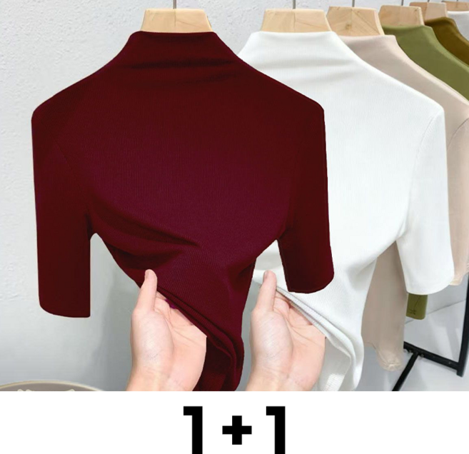 메인워크 1+1 여성 빅사이즈 목폴라 반팔 티셔츠 여름 냉장고 솔리드 패션 베이직 쿨링 슬림핏 시크룩 아우터 상의 2매입