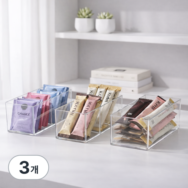 홈플로우 탕비실 다용도 수납 티백 정리함, 투명, 3개