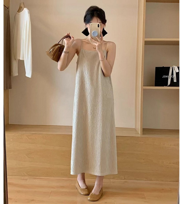 하라크 여성 구김 주름 민소매 끈나시 롱 원피스