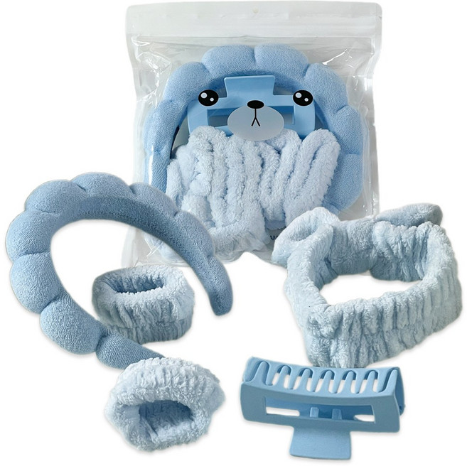 여성 세안 헤어 밴드 구름 머리띠 손목밴드 세트, 1개, 블루