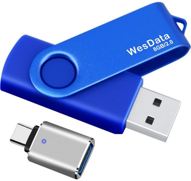 WesData8GB USB 2.0 플래시 드라이브USB C 어댑터 1개 포함 OTG Type 전화/태블릿 MacBook 노트북 PC 스토리지 및 백업용 Thumb 드라이브 메모, 8GB-2.0_Blue-1 Pack, Blue-1 Pack