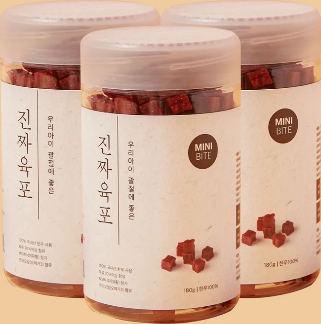 진짜육포 미니바이트 강아지 간식 져키 180g, 한우 미니바이트, 3개 - 쿠팡