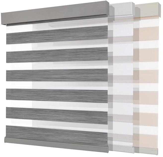 Joydeco 무선 얼룩말 블라인드 (프로) 창문용 이중 레이어 조명 제어 얼룩말 블라인드 내광성 알루미늄 커버 가정 및 사무실용 프리 스톱 롤러 쉐이드 (화이트 너비, 회색