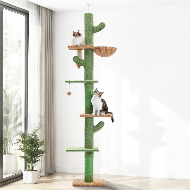 PAWZ Road 5단 대형 선인장 모양 플러시 패브릭 캣폴 천장 고정형 높이 조절 캣타워 해먹 239-275cm, 1개, 그린