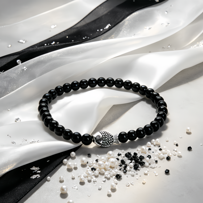 PolarAbyss 흑요석 가느다란 물고기 장식 팔찌 재물운 행운 액운차단 특5A 선물