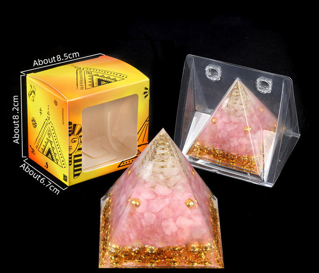 樹脂膠包裹水晶碎石金字塔擺件 家居小擺件 盒裝, 白水晶＋粉水晶