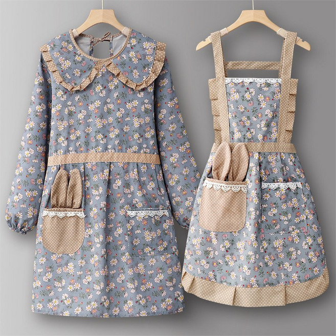 여성 1+1 플라워 롱슬리브 앞치마세트 주방 가사용 데일리 홈쿠킹웨어, 2개, 블루