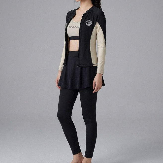 엘바리스 여성 집업 래쉬가드 세트 4피스 수영복 레깅스, 아이보리