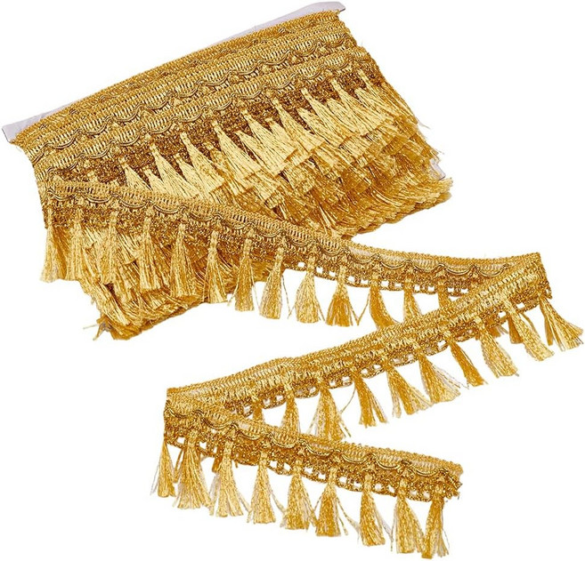 20m 금은사 세공 물결무늬 레이스 리본 골드 색상 테슬 장식 의류 액세서리 공예용 55mm 폭, 금색, 1롤