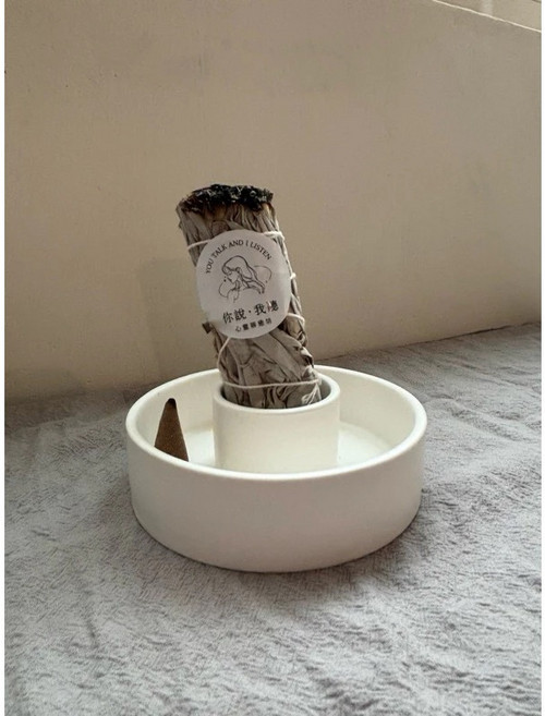 煙囪陶瓷薰香爐 聖木托盤架 祕魯聖木 雪松 鼠尾草 空間淨化容器組 淨化空氣, 【加購】單支白鼠尾草杖