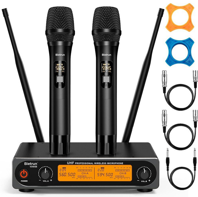 Bietrun 에코/트레블/베이스가 있는 무선 마이크 UHF 48.8m(160피트) 범위 듀얼 다이나믹 휴대용 시스템 가정 노래방 회의 파티 결혼식용(블루투스 수신기) 그외 각, 2채널 무선 마이크 시스템