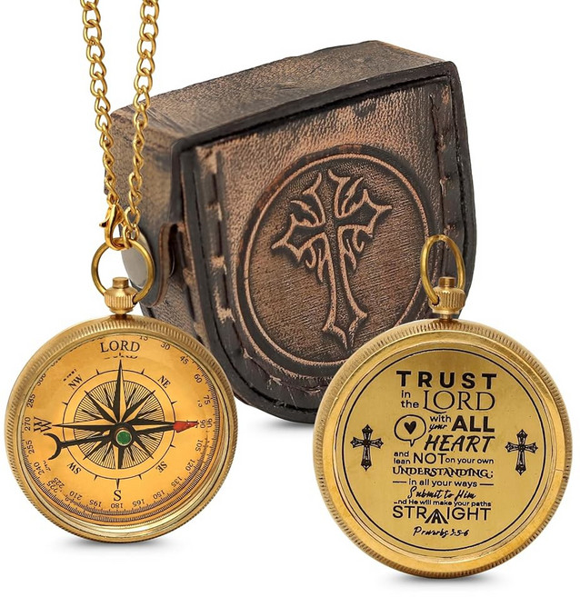 ELYTHOS 프리미엄 가죽 케이스가 있는 앤티크 황동 포켓 나침반 - "I Will Guide You"가 새겨져 있습니다. 남성 소년 아들 및 친구를 위한 의미 감사 선물, 6 Trust In The Lord Polished L, 1