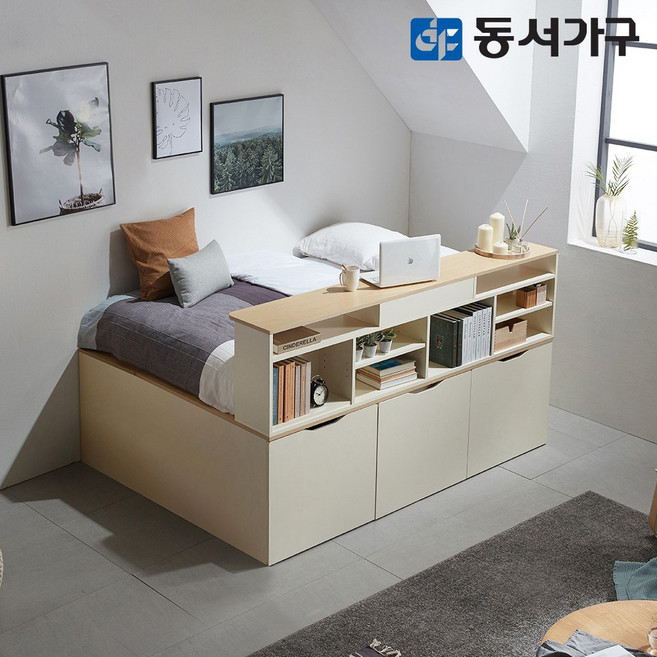 동서가구 시스템 평상형 멀티 수납 벙커 퀸 침대 프레임+책장+슈퍼싱글 본넬 매트리스 DF638554, 오크