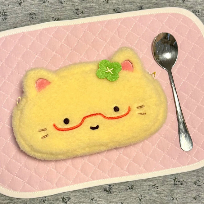무드바이브 고양이 오므라이스 네잎클로버 인형 필통 파우치 키티 심플 망사 키티 대용량 투명 동물 고양이 고등학생 중학생 필통, 1개, 고양이 오므라이스 필통