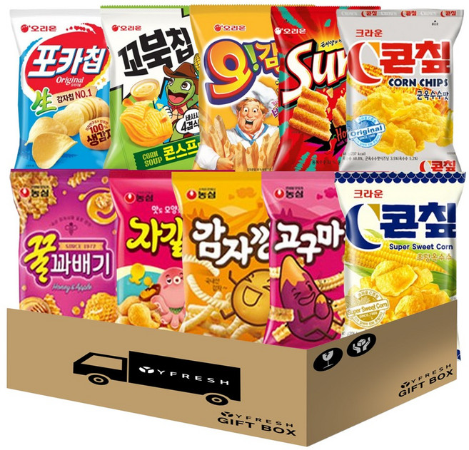 [YFRESH]스낵10종세트 꼬북칩 포카칩 오감자 썬칩 콘칲 꿀꽈배기 자갈치 감자깡 고구마깡, 1세트, 꼬북칩포카칩오감자썬칩콘칲꿀꽈배기자갈치감자깡고구마깡