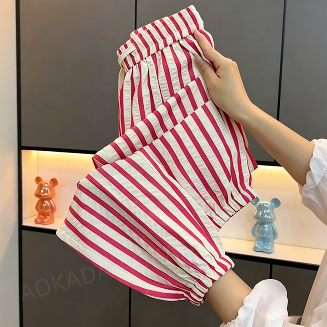 AOKADA 여성 여름 시어서커 배기 바지 캐주얼 스트라이프 조거 팬츠 키작녀 9부 바지