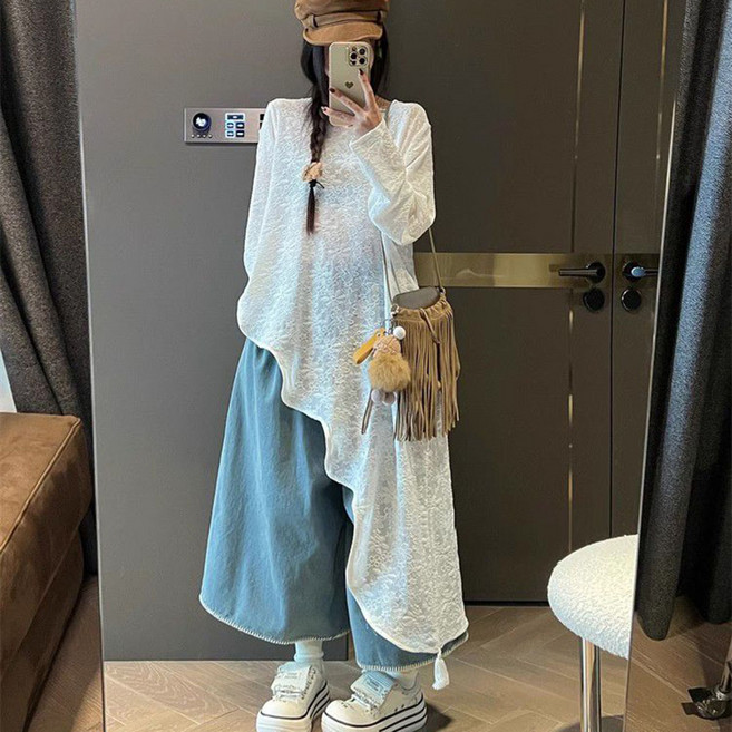 ROYALBELLE 여성 라운드넥 자카드 긴팔 티셔츠 루즈핏 얇은 언밸런스 롱 자외선 차단 티셔츠 V041812