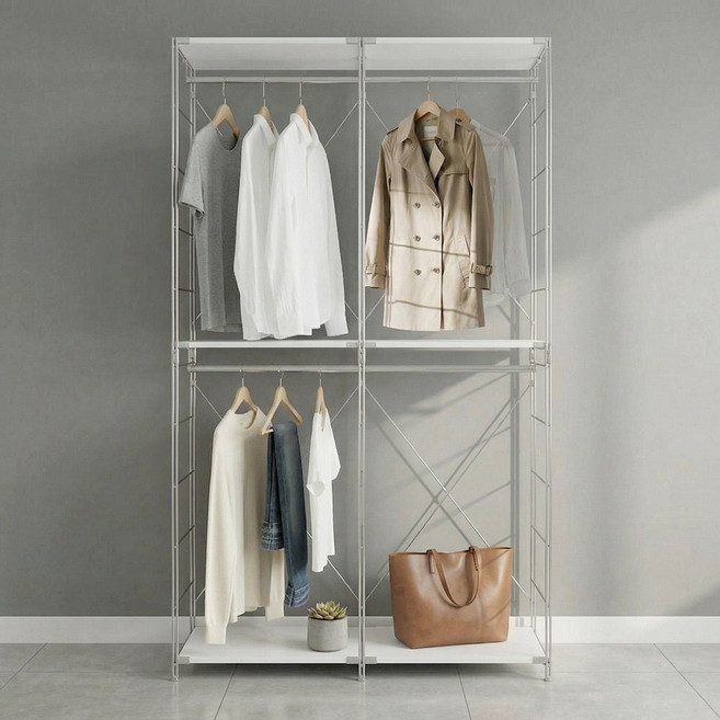 리네아 드레스룸 시스템 행거 철제 선반 옷장, 실버화이트