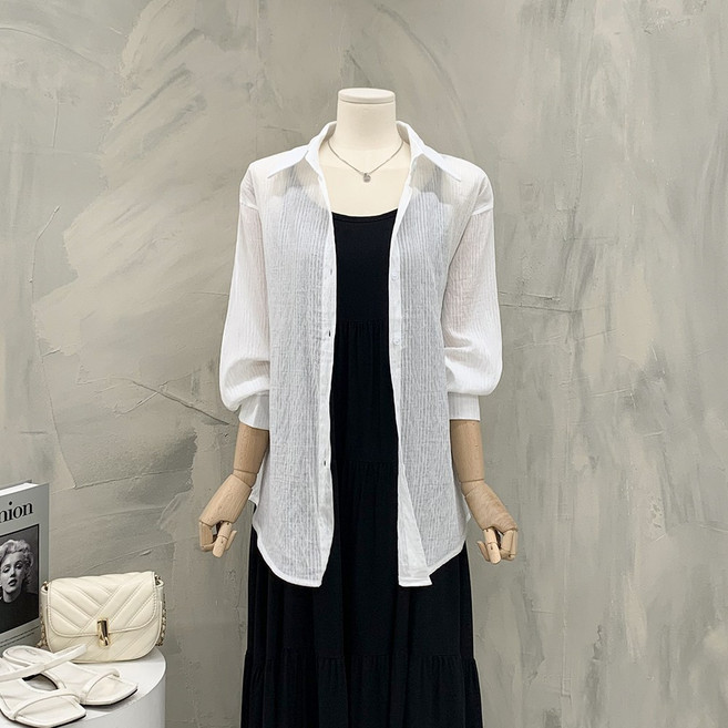 [행복여] 레아 뒷 절개 리본 포인트 썸머 시스루 셔츠 남방