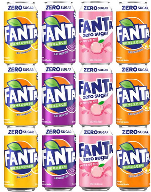 ZERO Sugar 환타 4종세트(오렌지+파인애플+피치+포도), 12개, 350ml