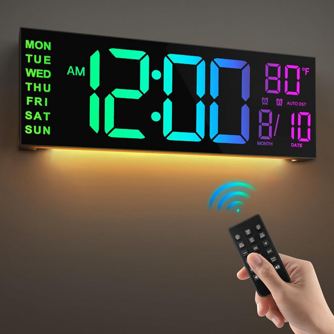 LED 인테리어 무소음 디지털 리모컨형 전자 벽시계, 검정색