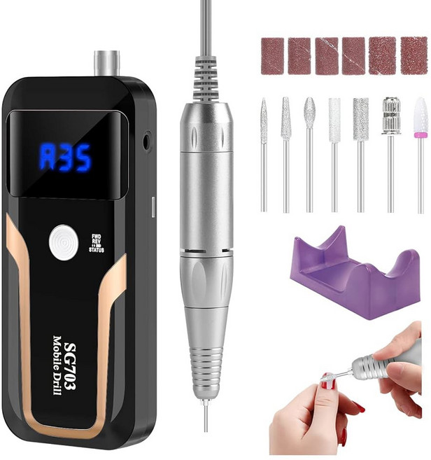 휴대용 네일 드릴 프로페셔널 35000 RPM 아크릴 젤 연마 제거용 MOCOWIND 충전식 전기 파일 기계 E 파일 매니큐어 살롱 홈 핑크용 비트 키트가 포함된 무선 전자, Black, 1개
